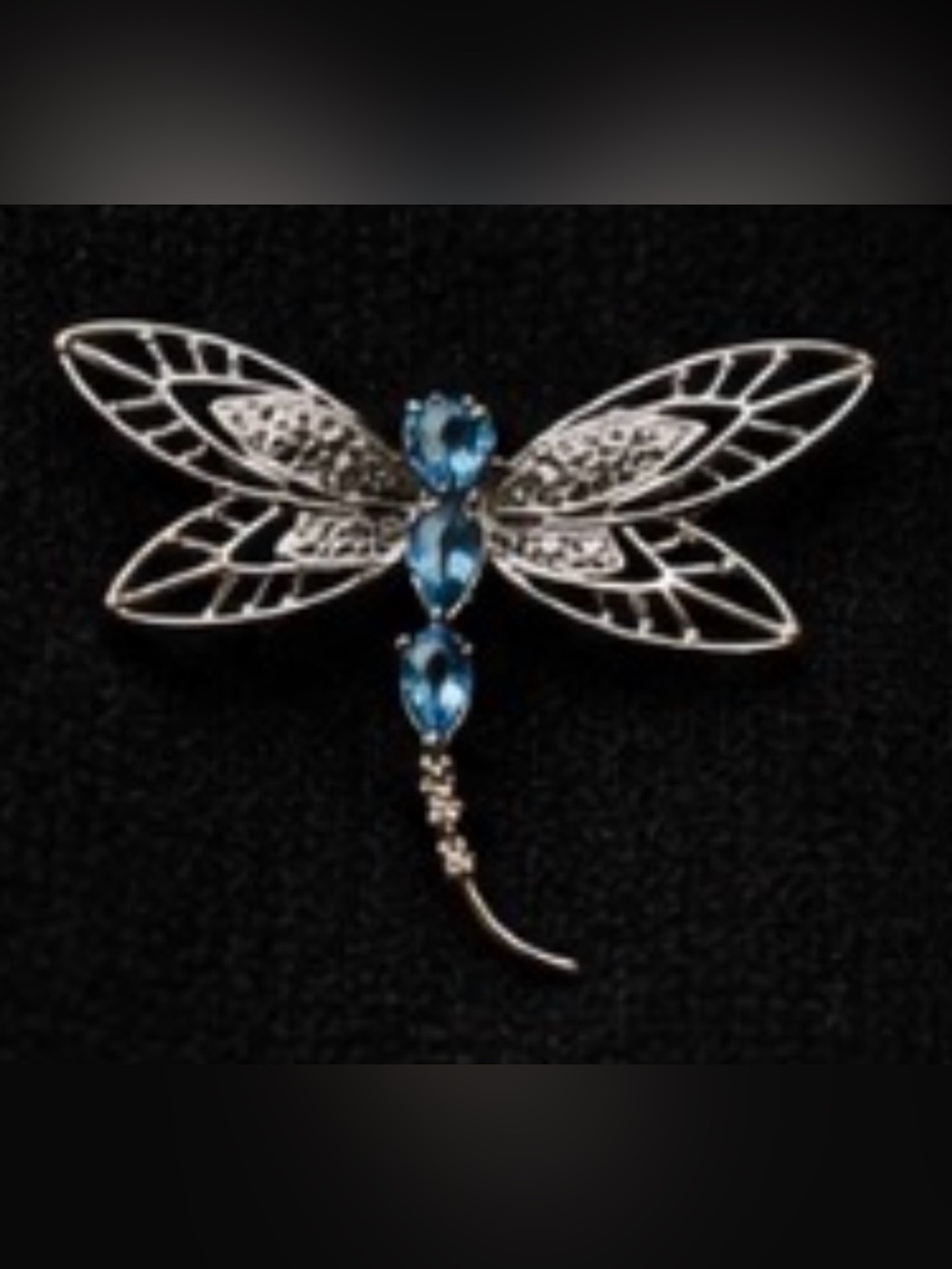 Vintage Dragonfly Brooch Pin with 3 Blue Topaz and 14K White Gold Plated.